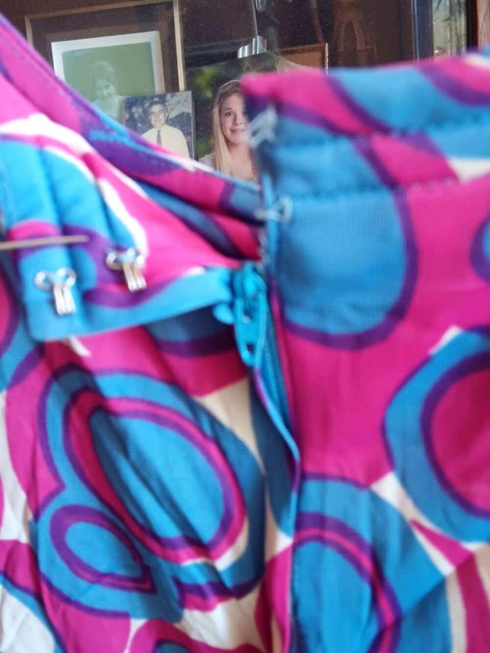 True Vintage Mod Dress Small 1960's Shift Blue Pink Geometric Print Back Zipper